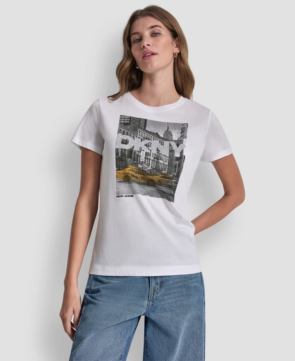DKNY Jeans Petite Rhinestone Taxi Photoreal T-Shirt White Size PXL 3966